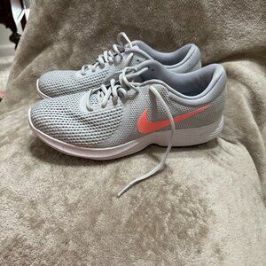 Women's Nike Revolution 4 Gray with Sunset Pulse swoosh Size 9.5